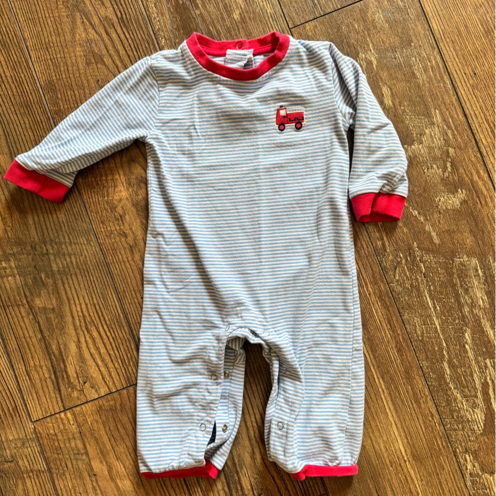 Boutique Striped Baby Onesie with Fire Truck Embroidered